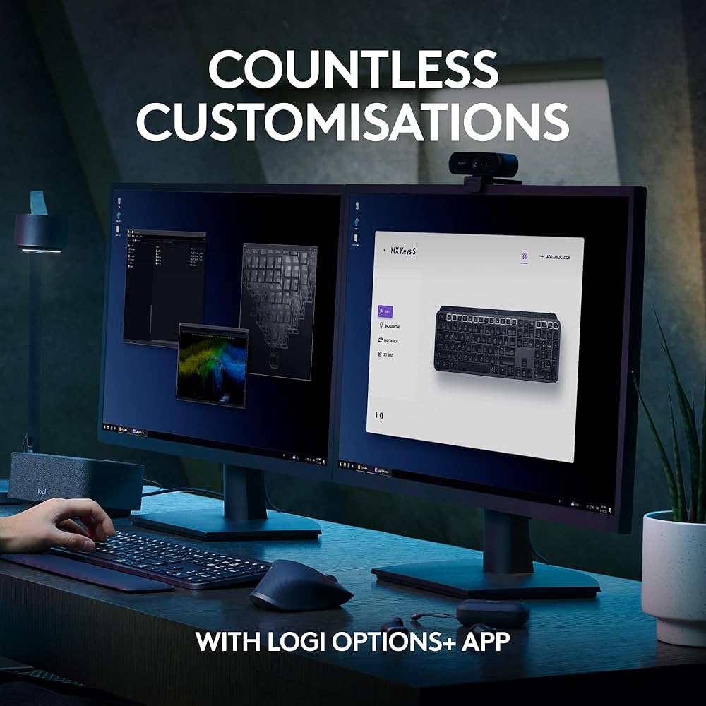 Wireless Logitech MX Keys S keyboard with low-profile keys, quiet typing, and programmable features, shown on a clean desk setup.