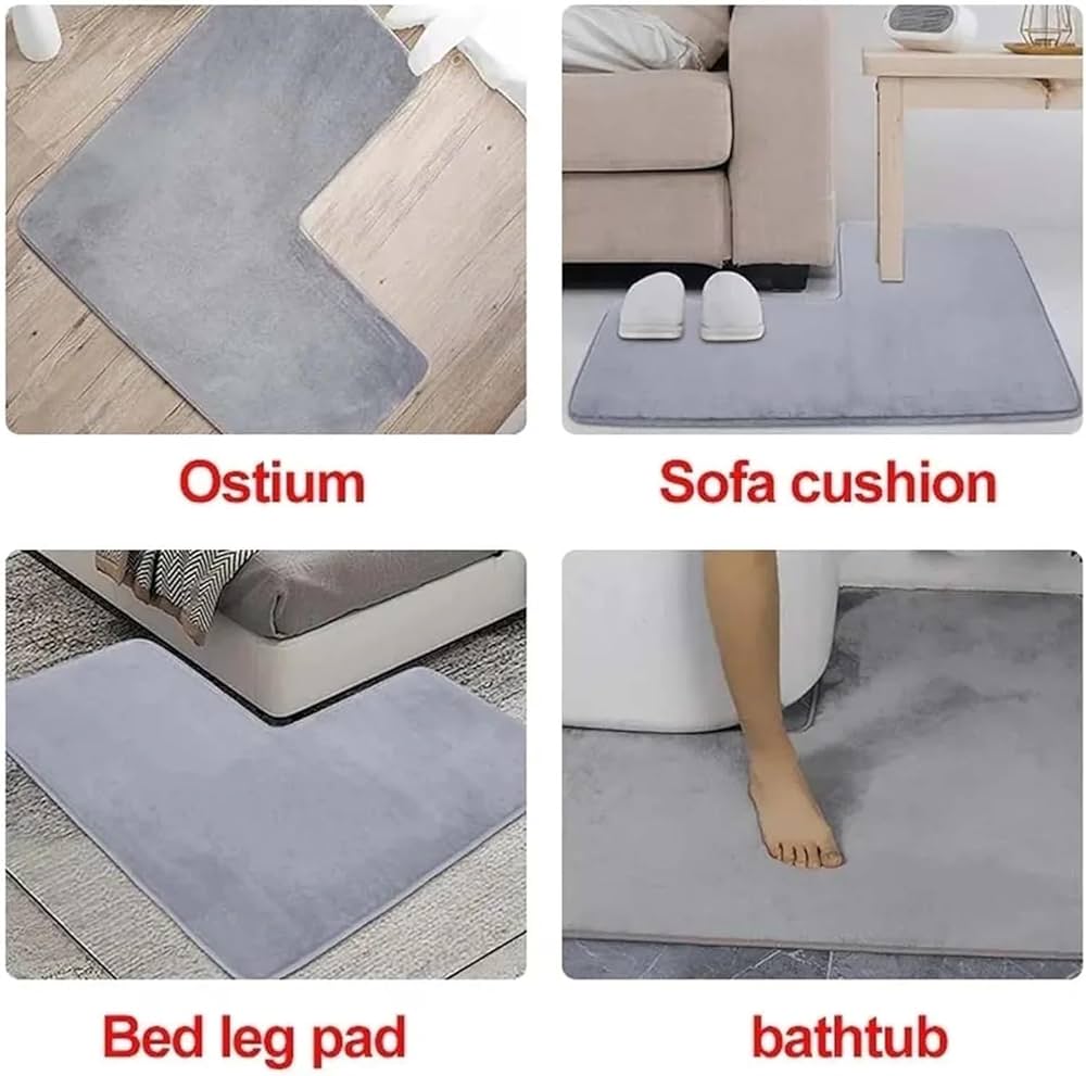 Problems Solved shaped bath mat with soft coral fleece, non-slip corner shower rug for bathroom floor.