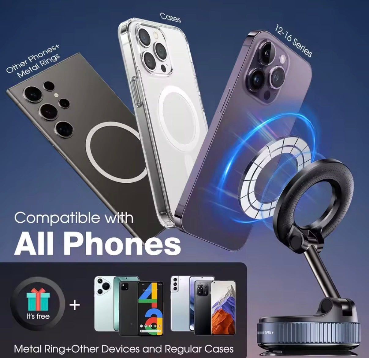 Problems Solved vacuum magnetic car phone holder with upgraded suction cup mount for secure, hands-free device use in vehicles.
