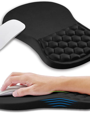 Large ergonomic mouse pad from Problems Solved with gel wrist support and massage feature for comfortable computer use