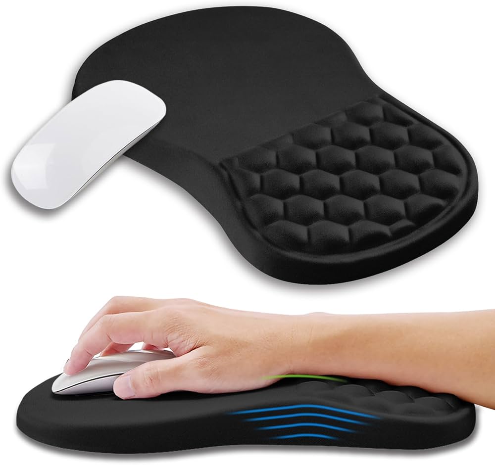 Large ergonomic mouse pad from Problems Solved with gel wrist support and massage feature for comfortable computer use