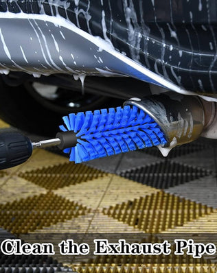 Problems Solved drill brush for car wheels and bottles, dense and durable cleaning brush with stiff bristles for effective car detailing.