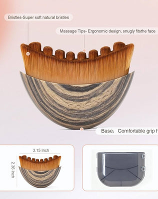 Problems Solved contour face brush for lymphatic drainage, natural makeup, manual massage, close-up of soft bristles and ergonomic handle.