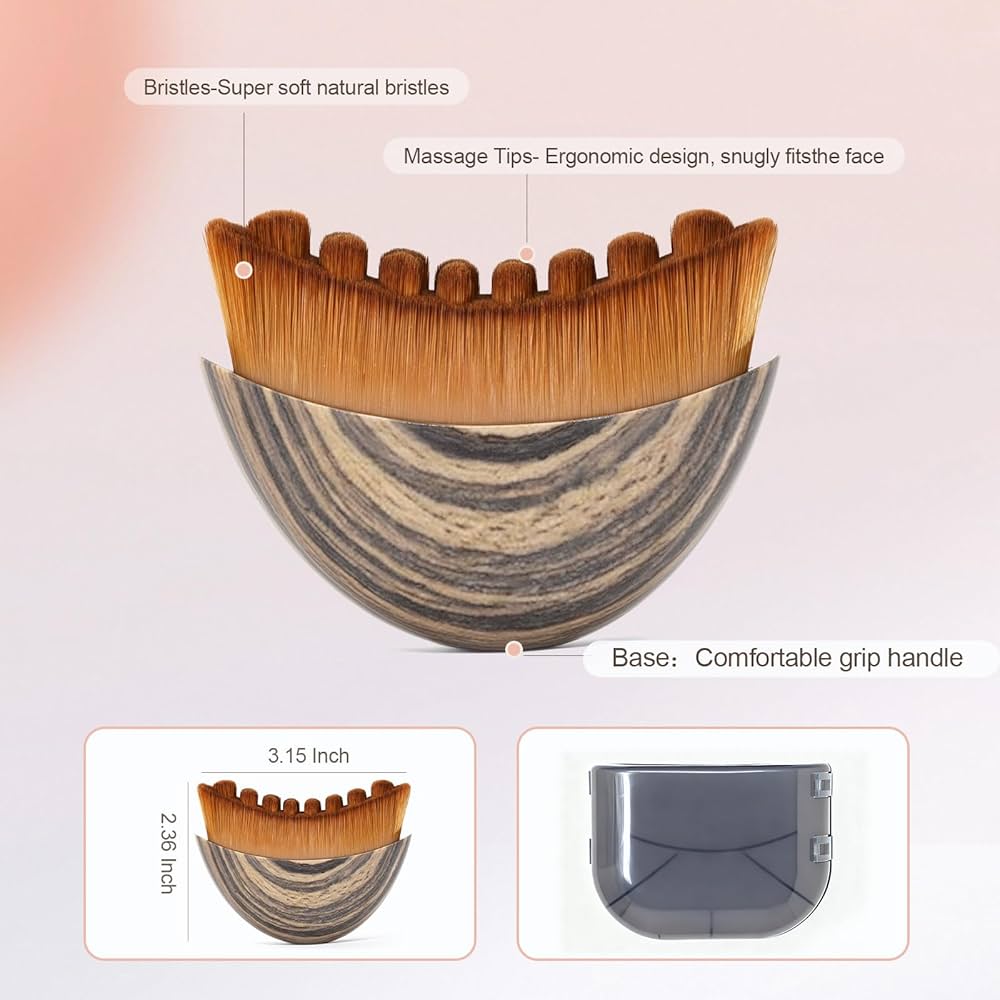 Problems Solved contour face brush for lymphatic drainage, natural makeup, manual massage, close-up of soft bristles and ergonomic handle.