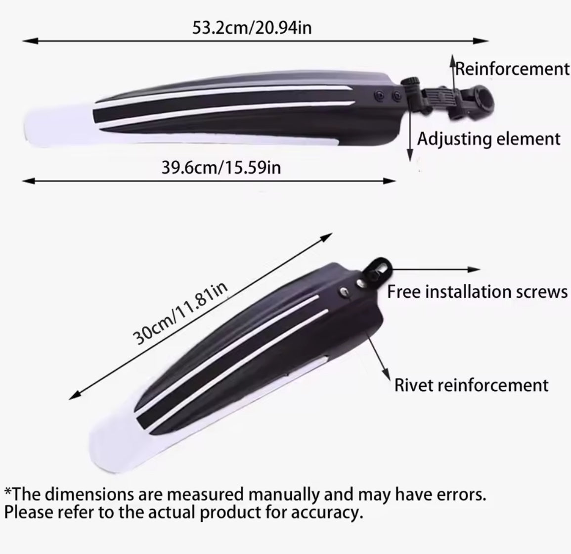 Two Problems Solved bicycle mudguards for mountain and road bikes, durable plastic fenders with mounting hardware attached.