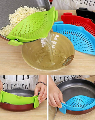 Problems Solved Snap Strainer clip-on silicone strainer for pots and pans, heat-resistant and hands-free cooking tool.