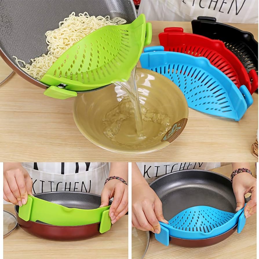 Problems Solved Snap Strainer clip-on silicone strainer for pots and pans, heat-resistant and hands-free cooking tool.