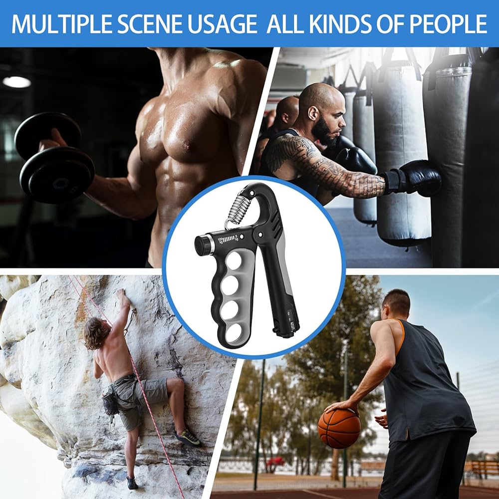 Problems Solved adjustable grip strengthener with 5-100 kg capacity, handheld exercise device for improving grip strength.