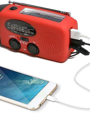 Problems Solved emergency radio with 2000mAh power bank, hand crank, solar panel, and built-in flashlight in compact design