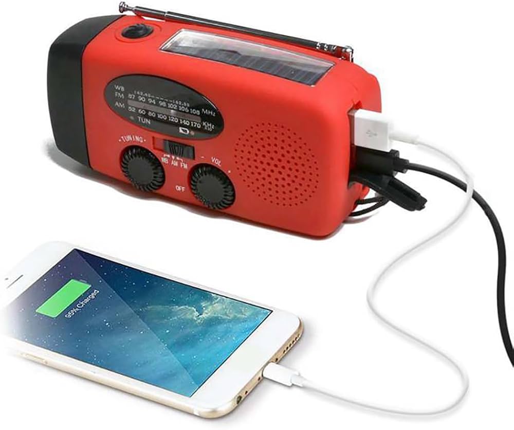 Problems Solved emergency radio with 2000mAh power bank, hand crank, solar panel, and built-in flashlight in compact design