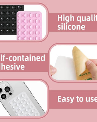 Four silicone suction phone mounts from Problems Solved, featuring sticky grip and versatile holder for smartphones.