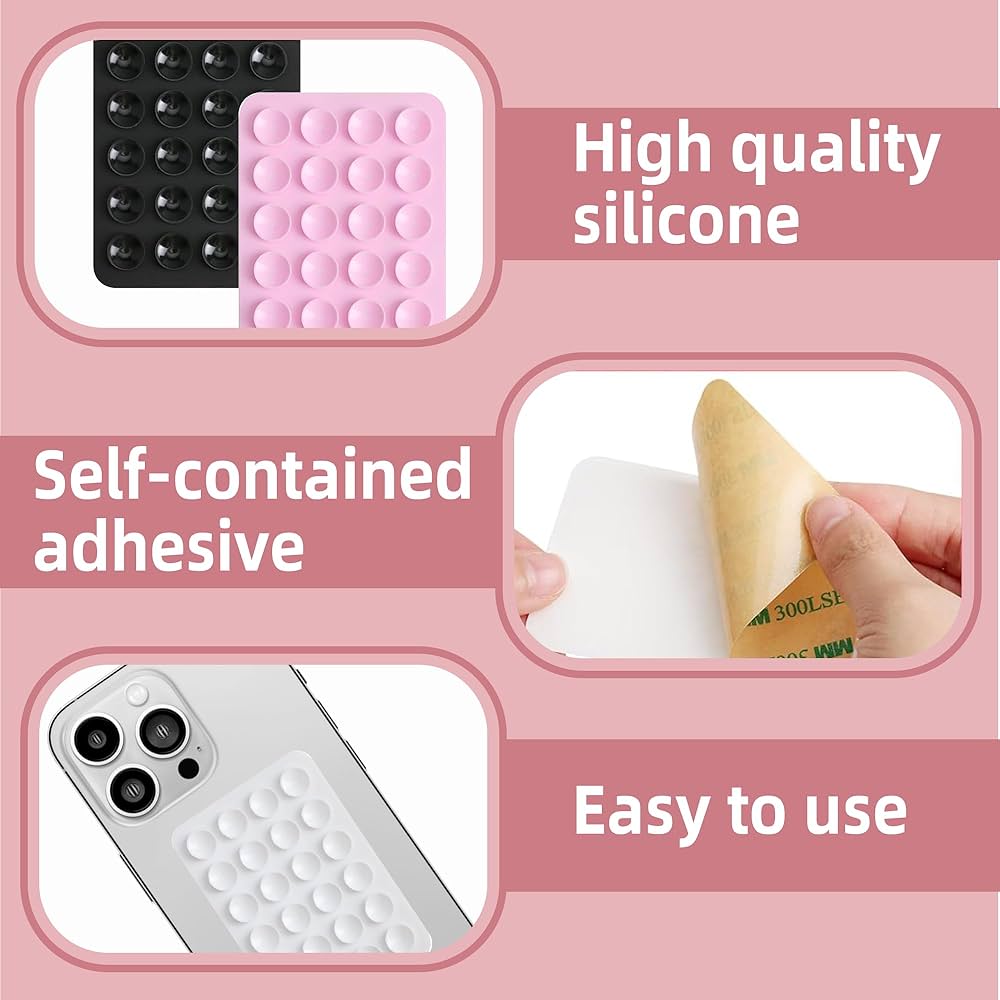 Four silicone suction phone mounts from Problems Solved, featuring sticky grip and versatile holder for smartphones.