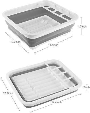 Problems Solved collapsible dish drying rack, portable dinnerware drainer organizer for kitchen use, with multiple slots for drying dishes.