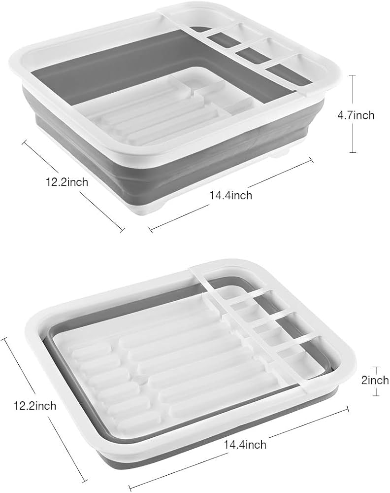Problems Solved collapsible dish drying rack, portable dinnerware drainer organizer for kitchen use, with multiple slots for drying dishes.