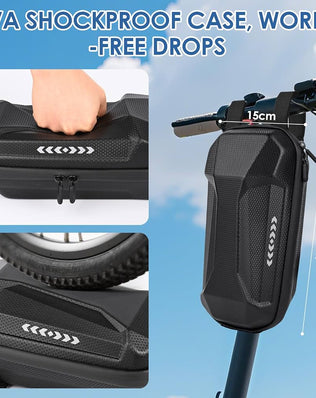 Waterproof 3L electric scooter bag by Problems Solved, shown attached to an electric scooter for secure storage.