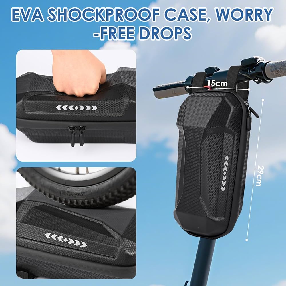 Waterproof 3L electric scooter bag by Problems Solved, shown attached to an electric scooter for secure storage.