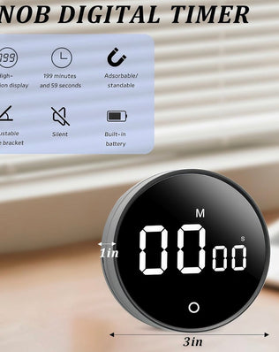 Digital kitchen timer with magnetic back from Problems Solved, 199-minute countdown and count-up timer for cooking and baking.
