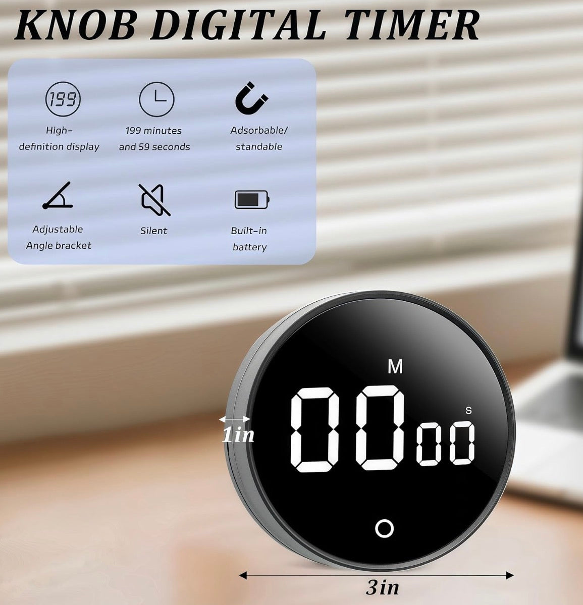 Digital kitchen timer with magnetic back from Problems Solved, 199-minute countdown and count-up timer for cooking and baking.