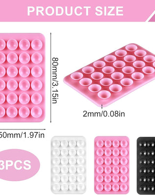 Problems Solved 3-piece silicone suction cup phone holder set with double-sided design and 24 suction cups for secure mounting.