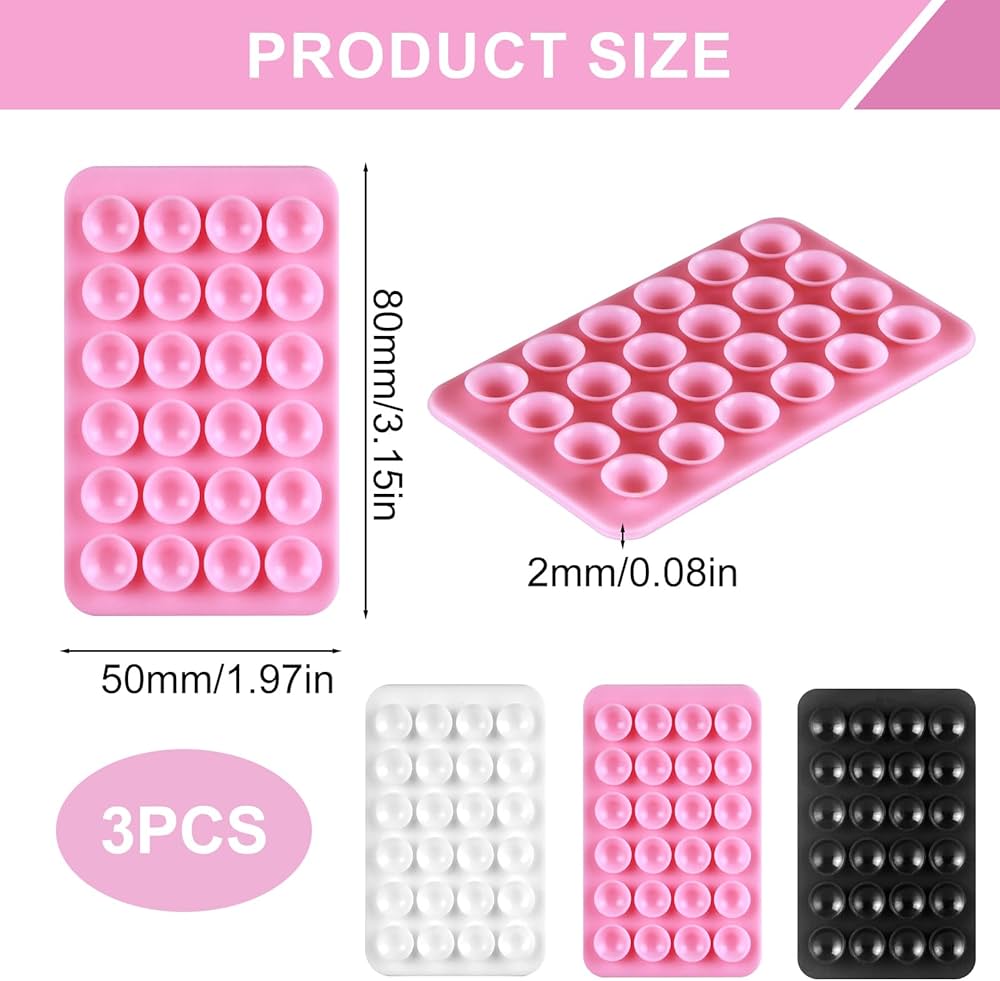 Problems Solved 3-piece silicone suction cup phone holder set with double-sided design and 24 suction cups for secure mounting.