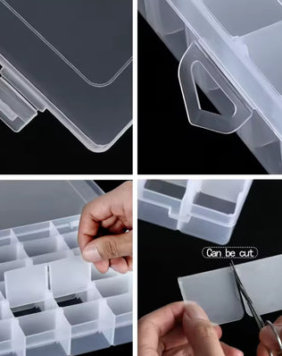 Transparent plastic storage box with multiple compartments from Problems Solved, showing clear, organized container for household use.