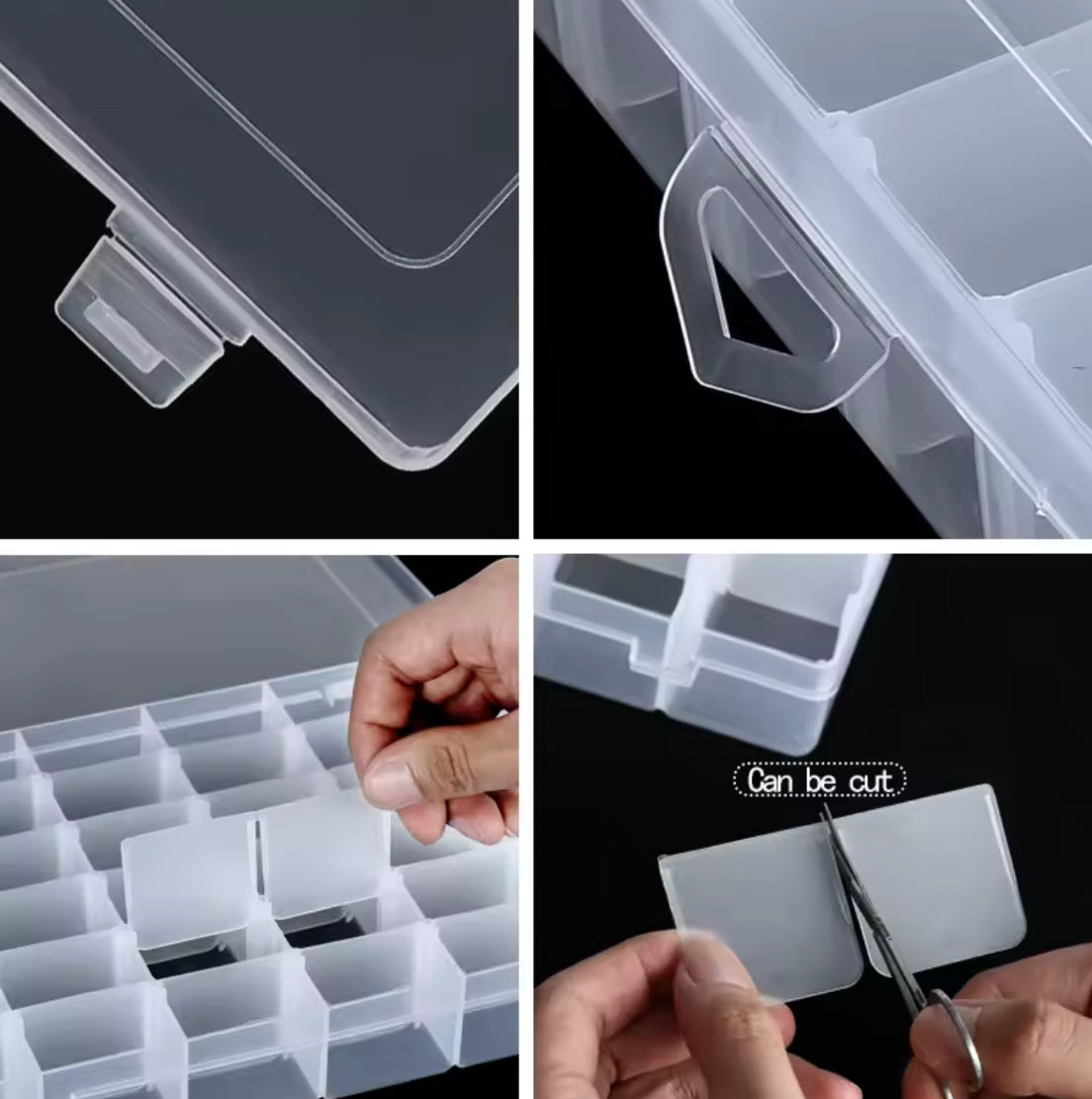 Transparent plastic storage box with multiple compartments from Problems Solved, showing clear, organized container for household use.