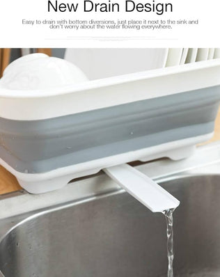 Problems Solved collapsible dish drying rack, portable kitchen organizer with multiple slots for drying dinnerware and utensils.