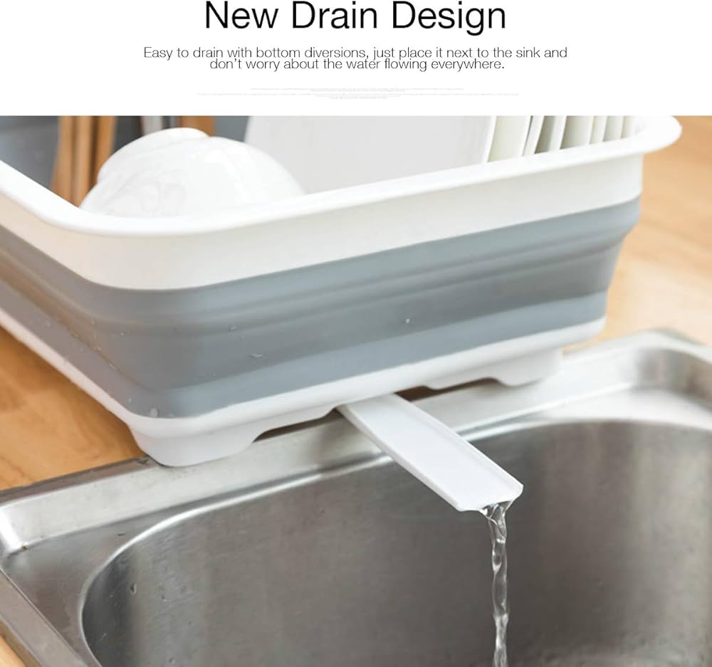 Problems Solved collapsible dish drying rack, portable kitchen organizer with multiple slots for drying dinnerware and utensils.