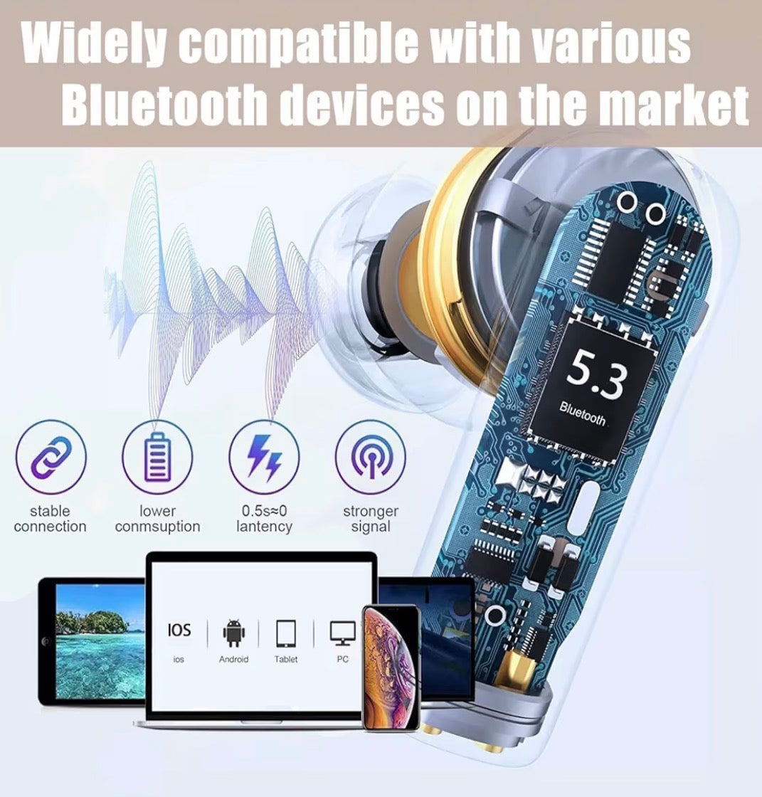 Wireless Bluetooth 5.0 earbuds with noise-canceling Air Buds from Problems Solved, shown with charging case and sleek design.