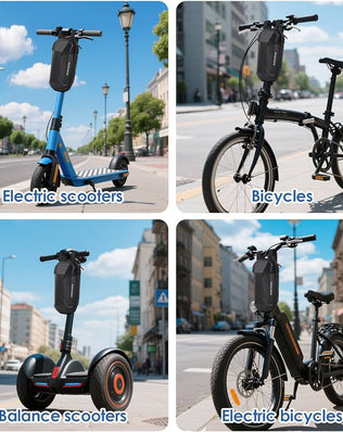 Waterproof 3L electric scooter bag by Problems Solved, shown attached to a scooter for secure storage during rides.