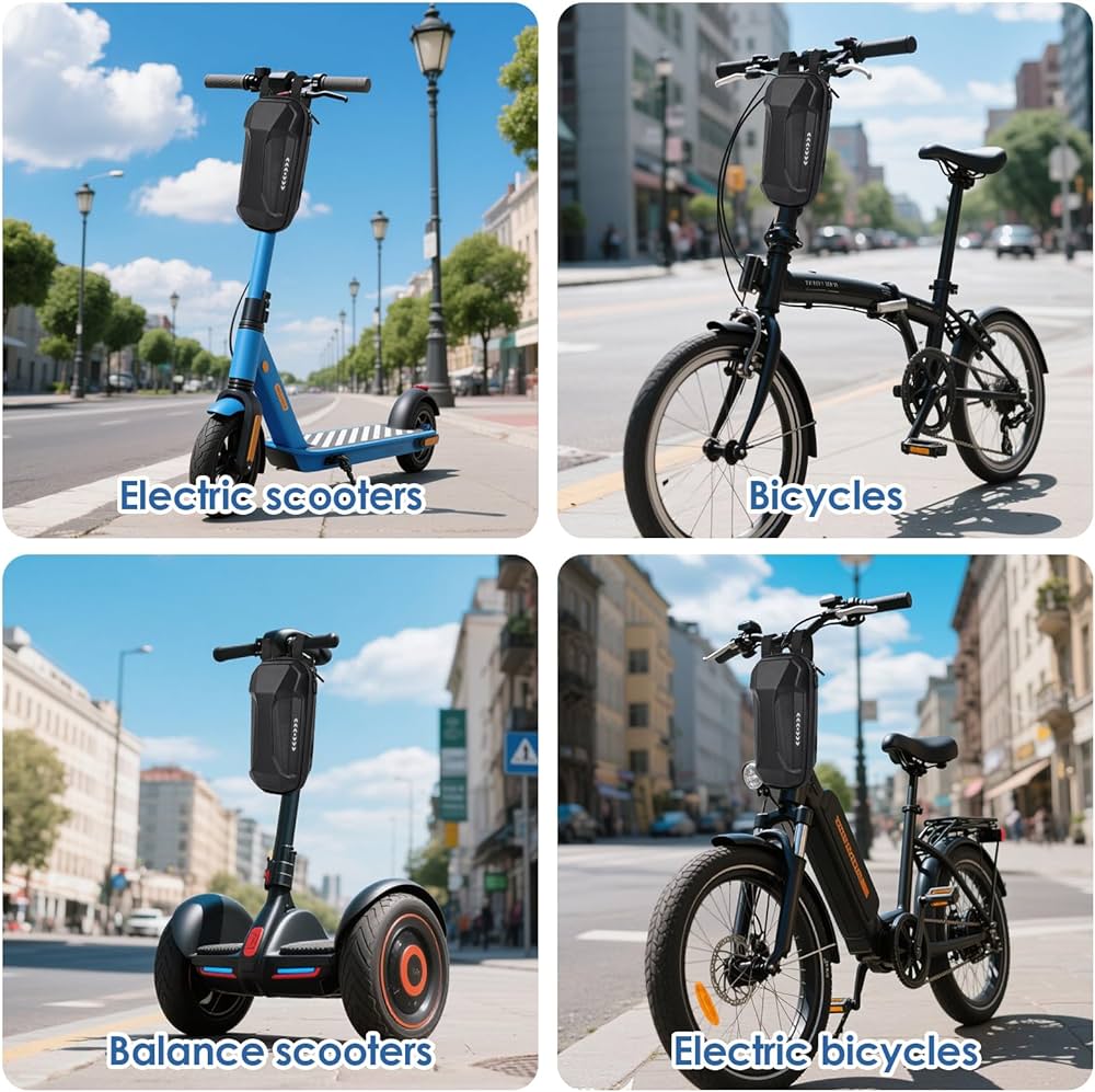 Waterproof 3L electric scooter bag by Problems Solved, shown attached to a scooter for secure storage during rides.