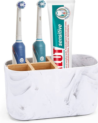 Problems Solved bamboo toothbrush holder for bathroom, storage organizer caddy with multiple slots for toothbrushes and toothpaste.