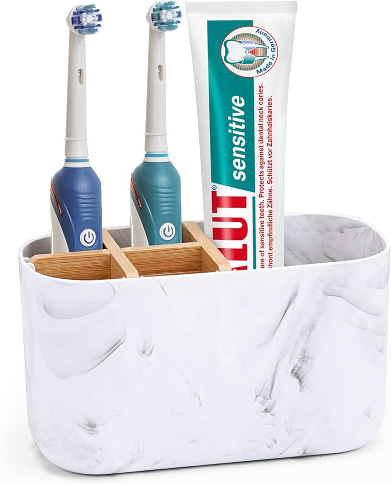 Problems Solved bamboo toothbrush holder for bathroom, storage organizer caddy with multiple slots for toothbrushes and toothpaste.