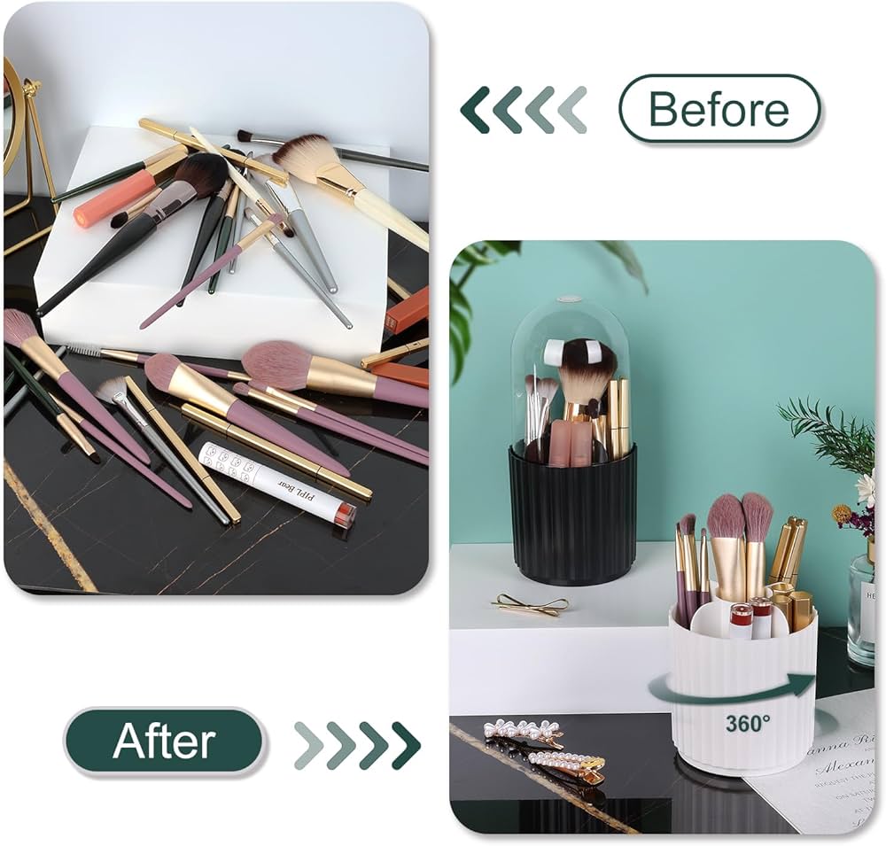 Makeup Brush Holder with Lid, 360 Degree Makeup Brush Organizer Rotating