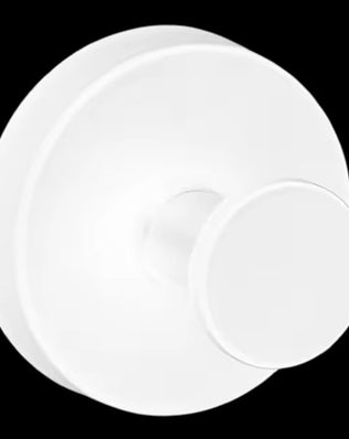 Metal suction cup hook bathroom towel holder by Problems Solved, showing a sleek metallic hook attached to a bathroom wall.