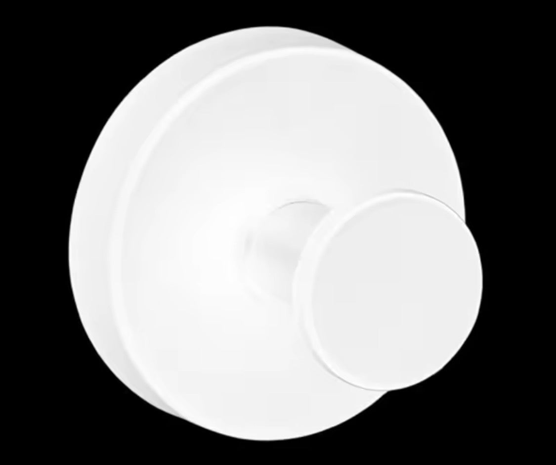 Metal suction cup hook bathroom towel holder by Problems Solved, showing a sleek metallic hook attached to a bathroom wall.