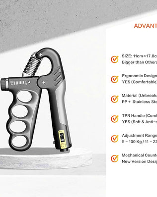 Problems Solved hand grip strengthener with built-in counter for forearm and grip exercise, shown in use with ergonomic design.