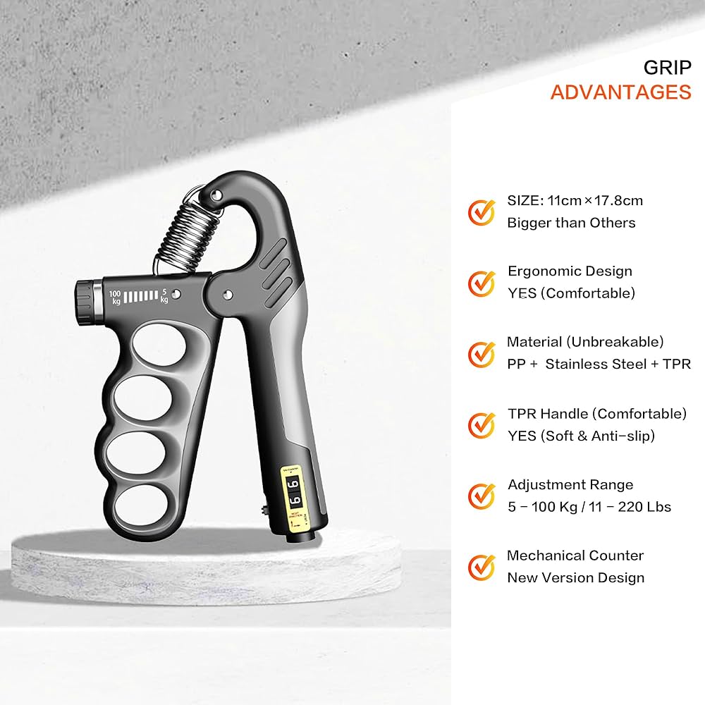Problems Solved hand grip strengthener with built-in counter for forearm and grip exercise, shown in use with ergonomic design.