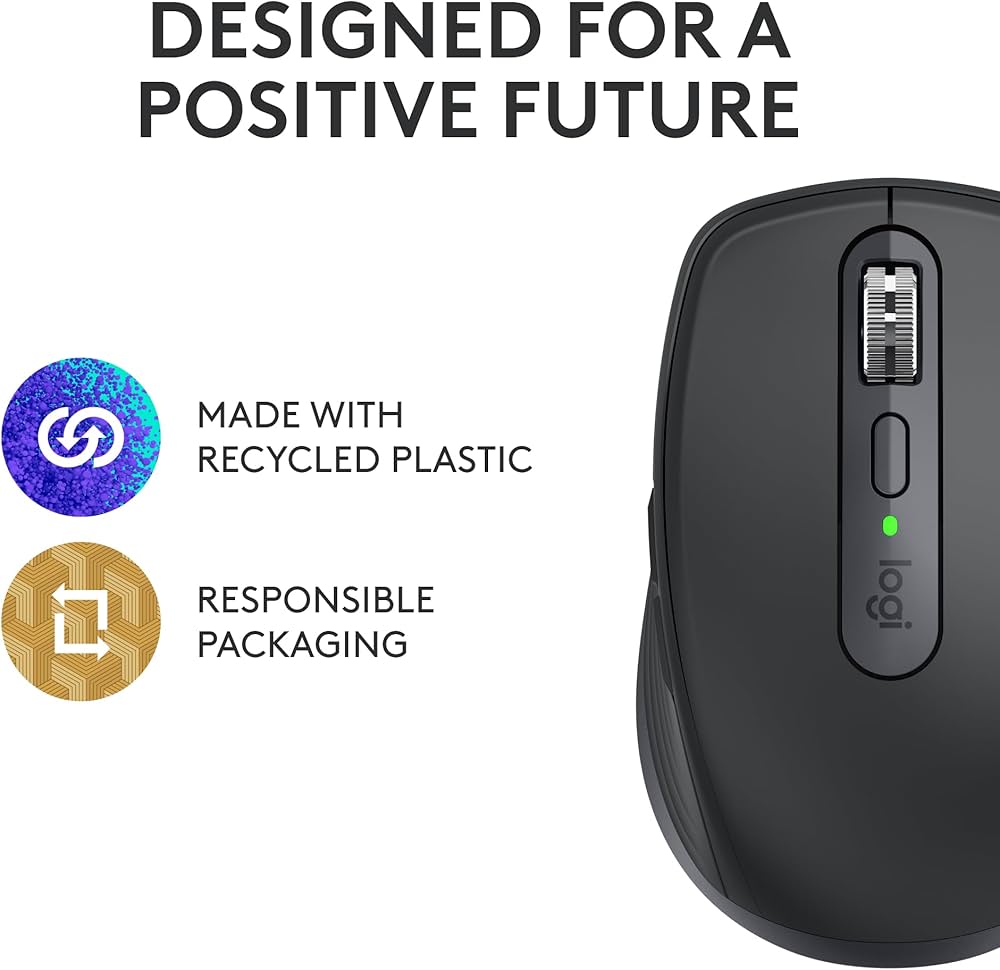 Logitech MX Anywhere 3S wireless mouse with compact design, fast scrolling, and 8K DPI on a smooth surface