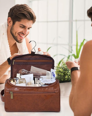 Leather Toiletry Bag for Men, Dark Brown Wash Bag for Travel, Gym & Shaving