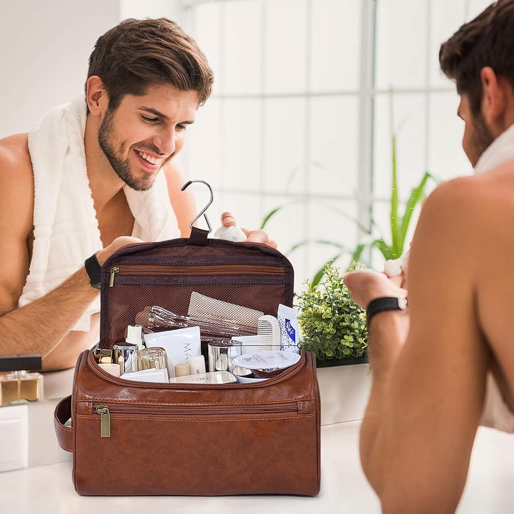 Leather Toiletry Bag for Men, Dark Brown Wash Bag for Travel, Gym & Shaving