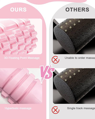Problems Solved pink Pilates foam roller with yoga column for fascia release and muscle recovery during exercise.