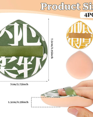 Set of four Korean makeup sponge puffs by Problems Solved for foundation, concealer, and powder application, teardrop shape for easy blending.