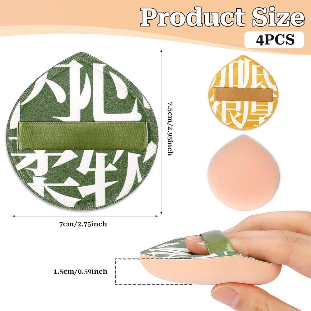 Set of four Korean makeup sponge puffs by Problems Solved for foundation, concealer, and powder application, teardrop shape for easy blending.