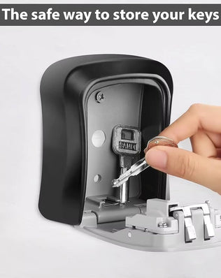 Problems Solved wall-mounted key safe lock box with numeric keypad for outdoor key storage.