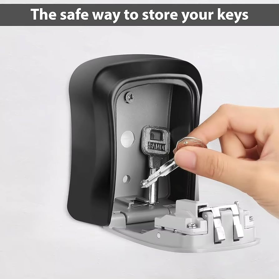 Problems Solved wall-mounted key safe lock box with numeric keypad for outdoor key storage.