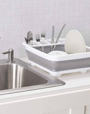 Problems Solved collapsible dish drying rack, portable kitchen drainer with multiple wires for drying dinnerware and utensils.