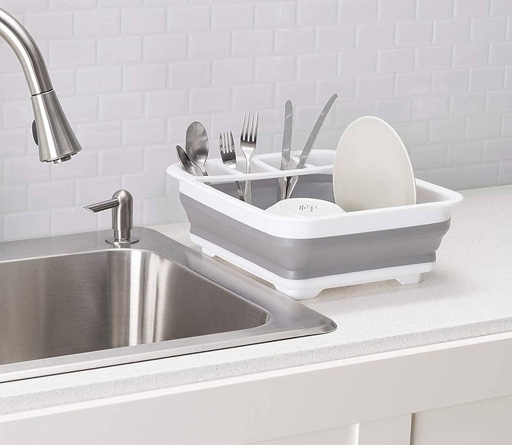 Problems Solved collapsible dish drying rack, portable kitchen drainer with multiple wires for drying dinnerware and utensils.