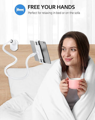 Problems Solved flexible tablet holder with adjustable lazy arm, featuring a 360-degree rotating phone stand for hands-free use.