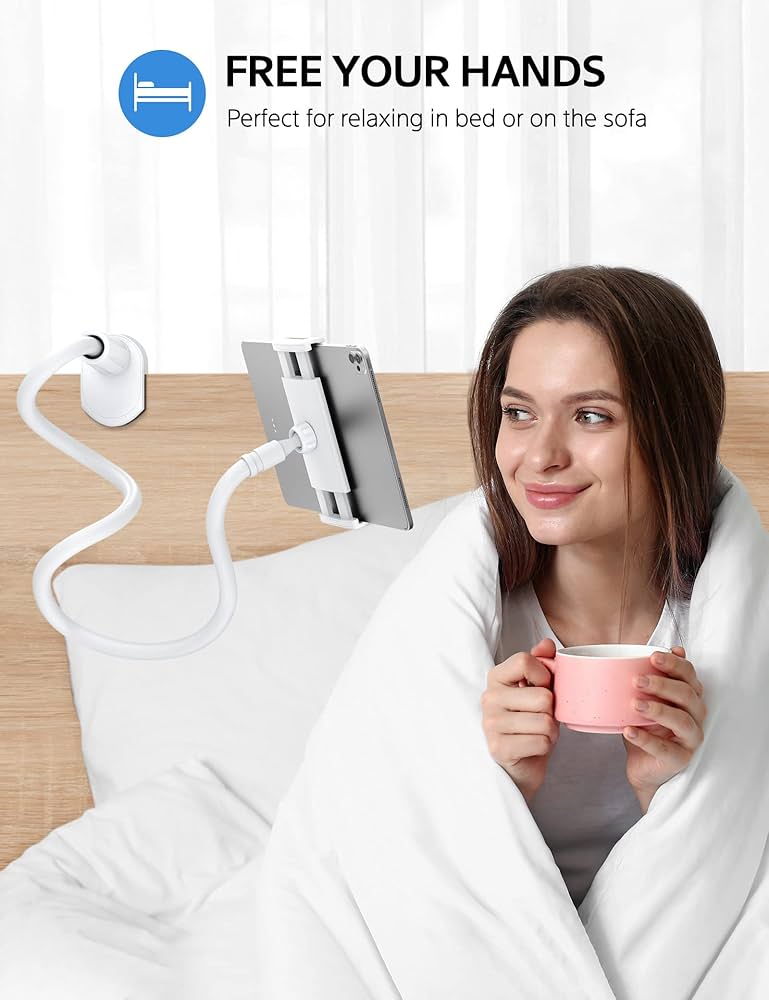 Problems Solved flexible tablet holder with adjustable lazy arm, featuring a 360-degree rotating phone stand for hands-free use.